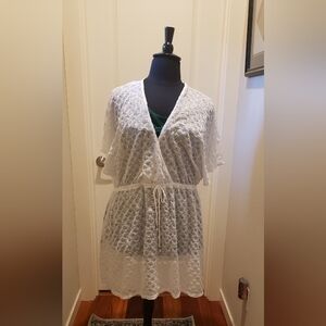 Womens White Faux Wrap Swim Cover Up